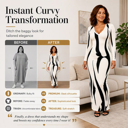 ✨ Statement Print | Women’s Long-Sleeve Bodycon Maxi Dress