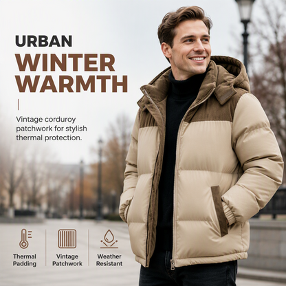 🔥 Rugged Everyday Style | Men’s Color-Block Corduroy Puffer Hooded Jacket