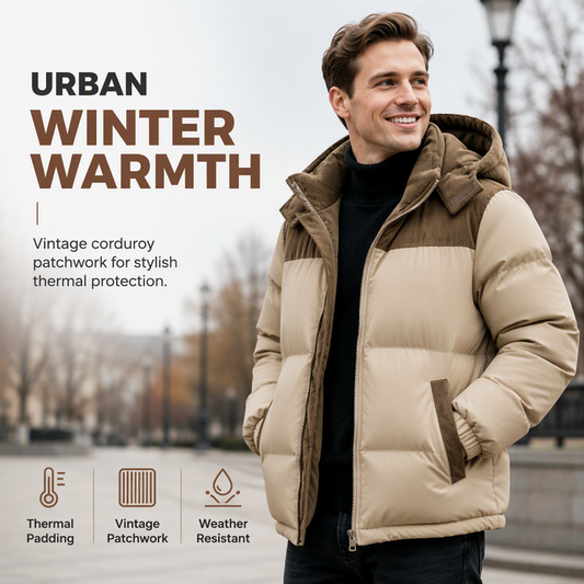 🔥 Rugged Everyday Style | Men’s Color-Block Corduroy Puffer Hooded Jacket