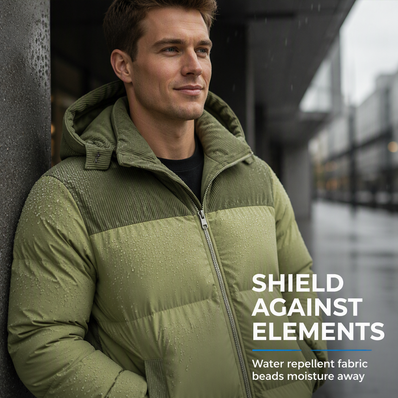 🔥 Rugged Everyday Style | Men’s Color-Block Corduroy Puffer Hooded Jacket
