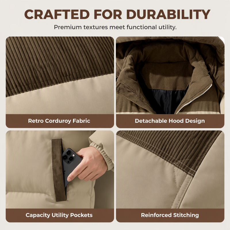 🔥 Rugged Everyday Style | Men’s Color-Block Corduroy Puffer Hooded Jacket