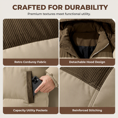 🔥 Rugged Everyday Style | Men’s Color-Block Corduroy Puffer Hooded Jacket