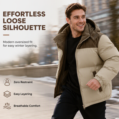 🔥 Rugged Everyday Style | Men’s Color-Block Corduroy Puffer Hooded Jacket