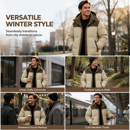 🔥 Rugged Everyday Style | Men’s Color-Block Corduroy Puffer Hooded Jacket