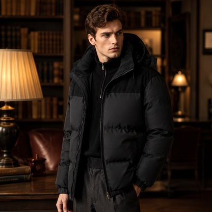 🔥 Rugged Everyday Style | Men’s Color-Block Corduroy Puffer Hooded Jacket