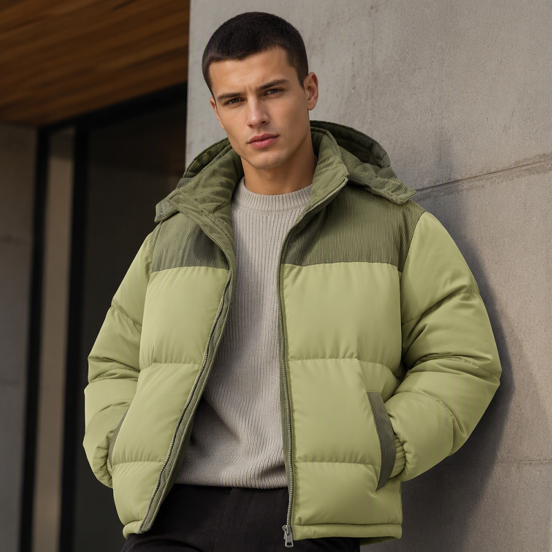 🔥 Rugged Everyday Style | Men’s Color-Block Corduroy Puffer Hooded Jacket