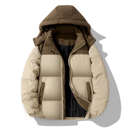 🔥 Rugged Everyday Style | Men’s Color-Block Corduroy Puffer Hooded Jacket