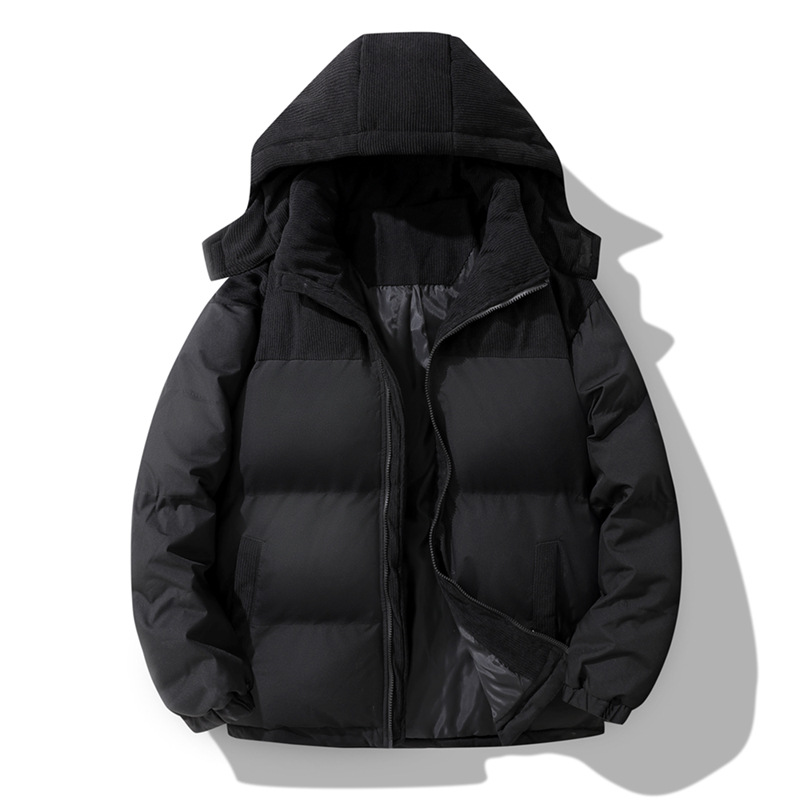 🔥 Rugged Everyday Style | Men’s Color-Block Corduroy Puffer Hooded Jacket