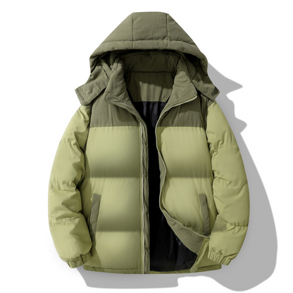🔥 Rugged Everyday Style | Men’s Color-Block Corduroy Puffer Hooded Jacket