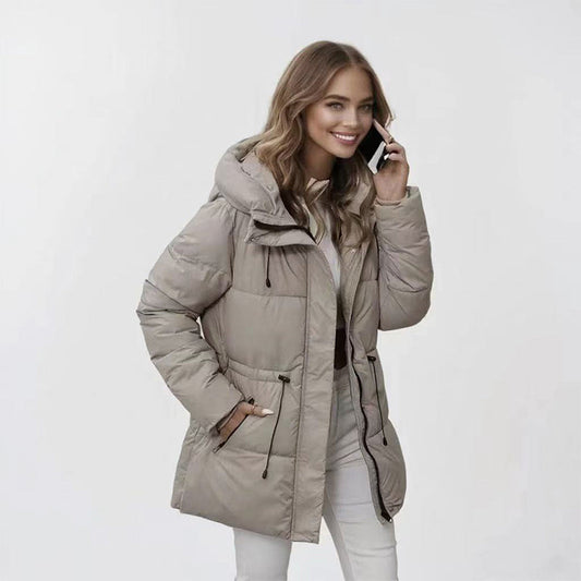 🧥 Cozy Coverage | Women’s Hooded Mid-Length Puffer Coat with Drawstring Waist
