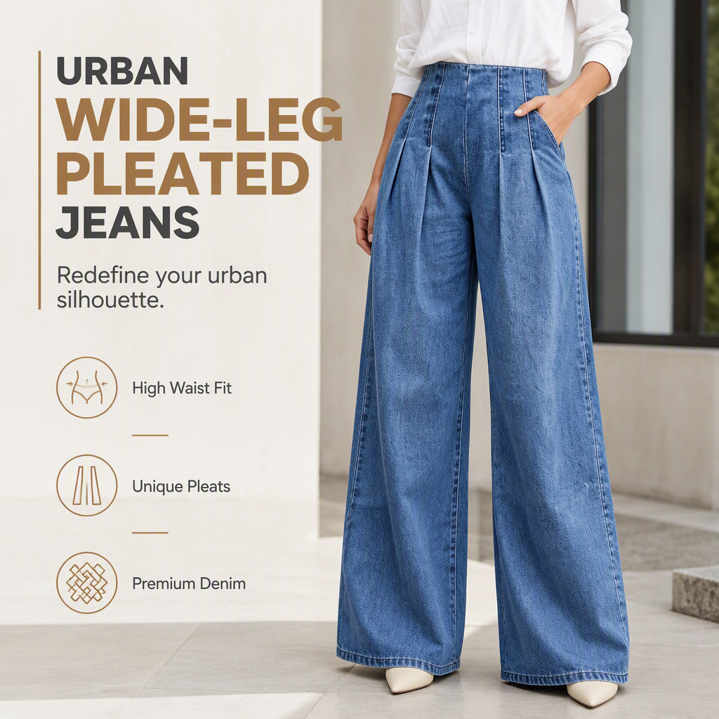 👖 Denim with a Polished Twist | Women’s High-Waist Pleated Wide-Leg Jeans