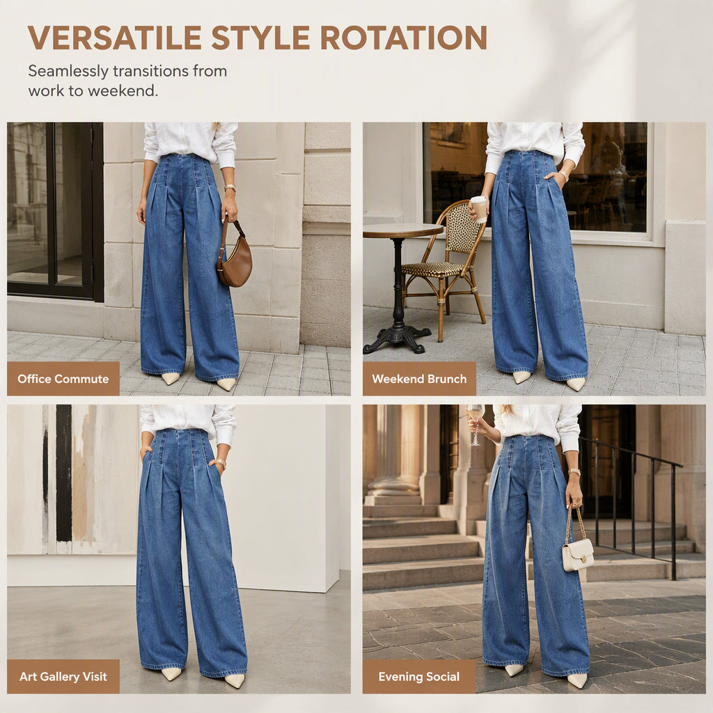 👖 Denim with a Polished Twist | Women’s High-Waist Pleated Wide-Leg Jeans
