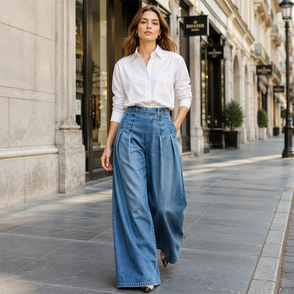 👖 Denim with a Polished Twist | Women’s High-Waist Pleated Wide-Leg Jeans