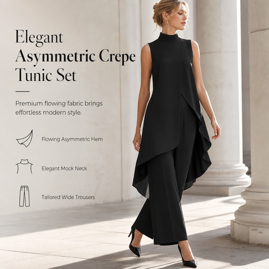 ✨ Effortless Elegance | Women’s Asymmetric Draped Tunic & Wide-Leg Pants 2-Piece Set