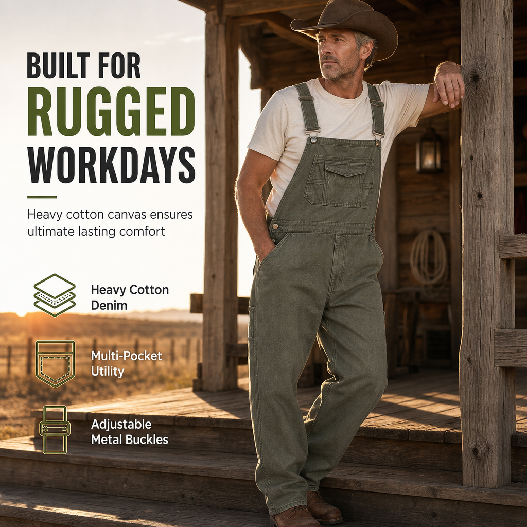 Men's Heavyweight Cotton Denim Overalls Relaxed Fit Straight Leg Dungarees with Multi Pocket Utility