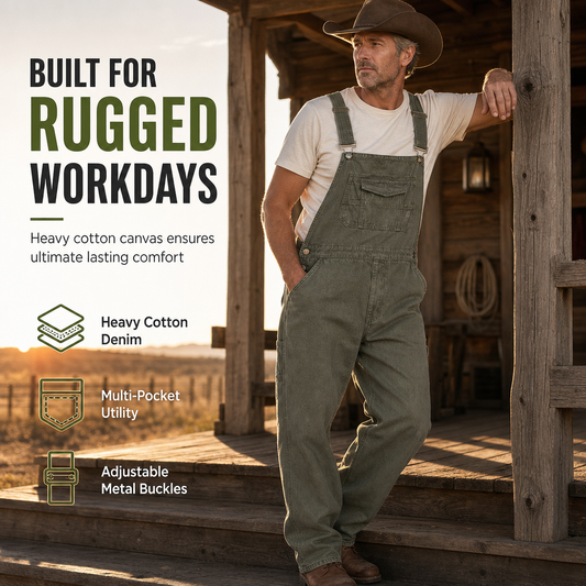 Men's Heavyweight Cotton Denim Overalls Relaxed Fit Straight Leg Dungarees with Multi Pocket Utility