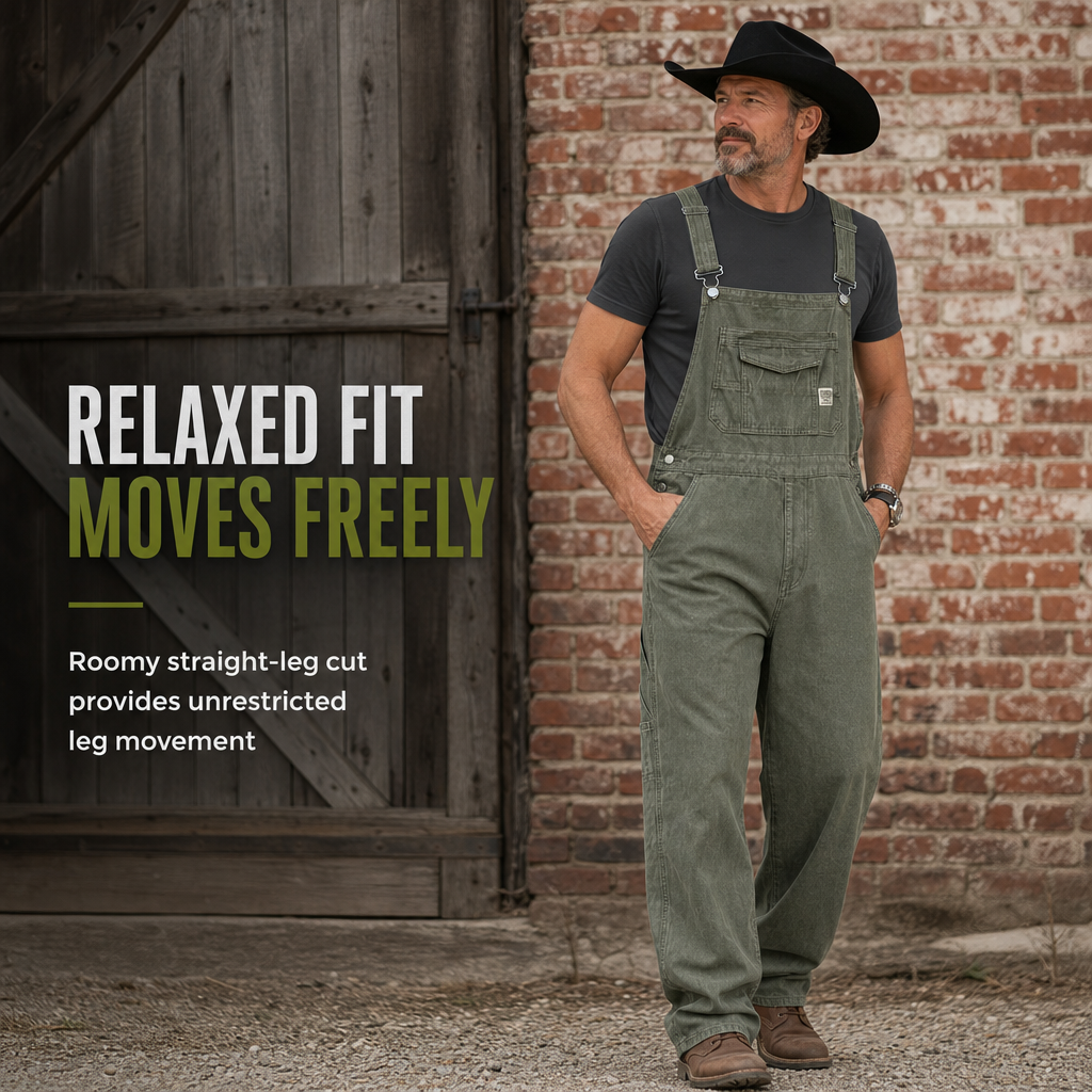Men's Heavyweight Cotton Denim Overalls Relaxed Fit Straight Leg Dungarees with Multi Pocket Utility