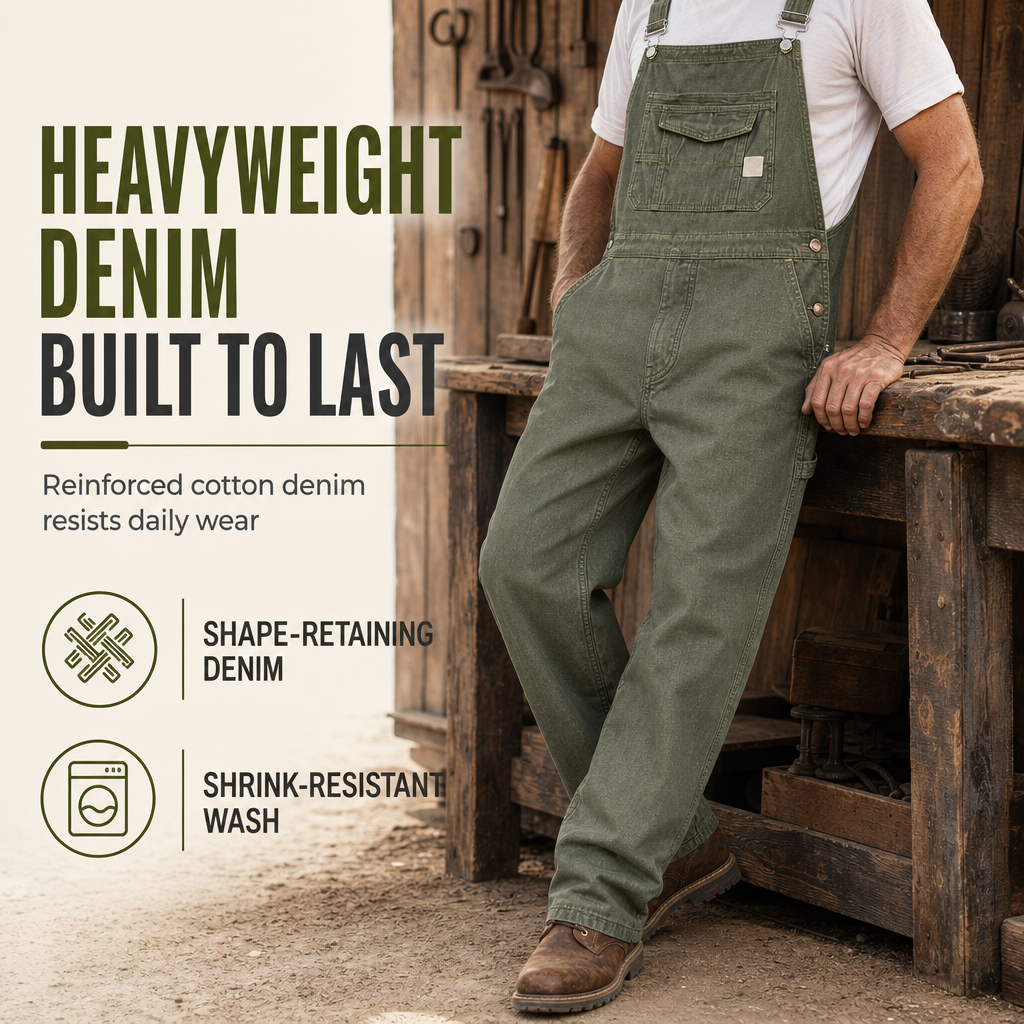 Men's Heavyweight Cotton Denim Overalls Relaxed Fit Straight Leg Dungarees with Multi Pocket Utility