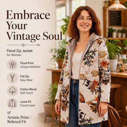 🍂 Artistic Everyday Style | Women’s Vintage Leaf Print Hooded Coat