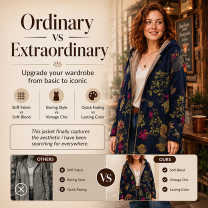 🍂 Artistic Everyday Style | Women’s Vintage Leaf Print Hooded Coat