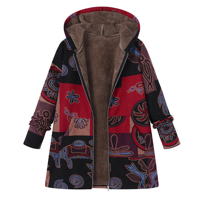 🍂 Artistic Everyday Style | Women’s Vintage Leaf Print Hooded Coat