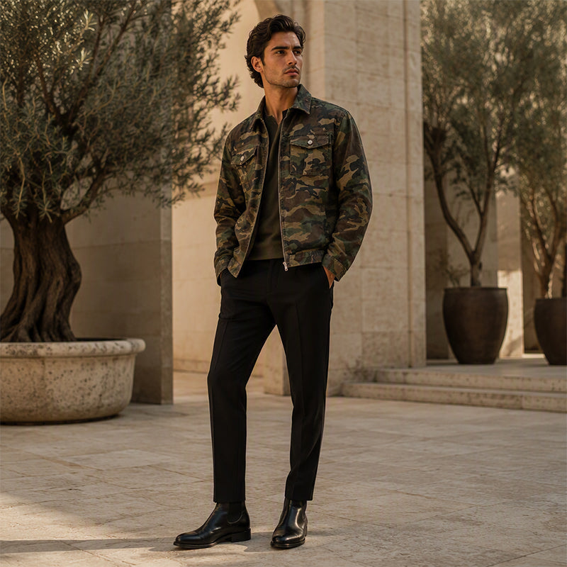 💥 Camo Contrast, Street-Ready Denim | Men's Structured Jacket ⚡