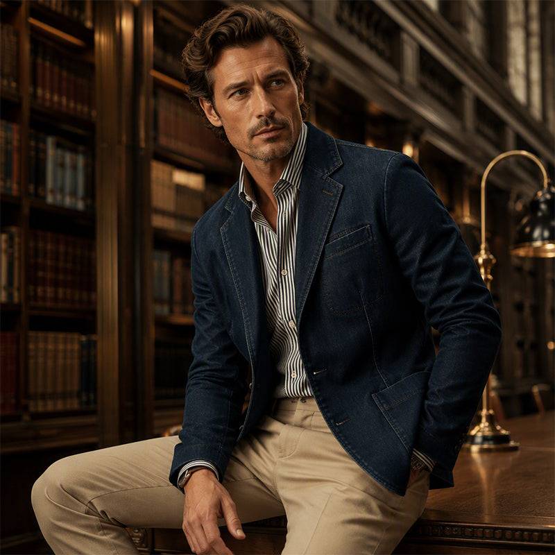 👔 Denim Meets Tailoring | Men’s Slim-Fit Structured Denim Blazer