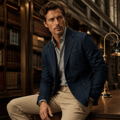 👔 Denim Meets Tailoring | Men’s Slim-Fit Structured Denim Blazer