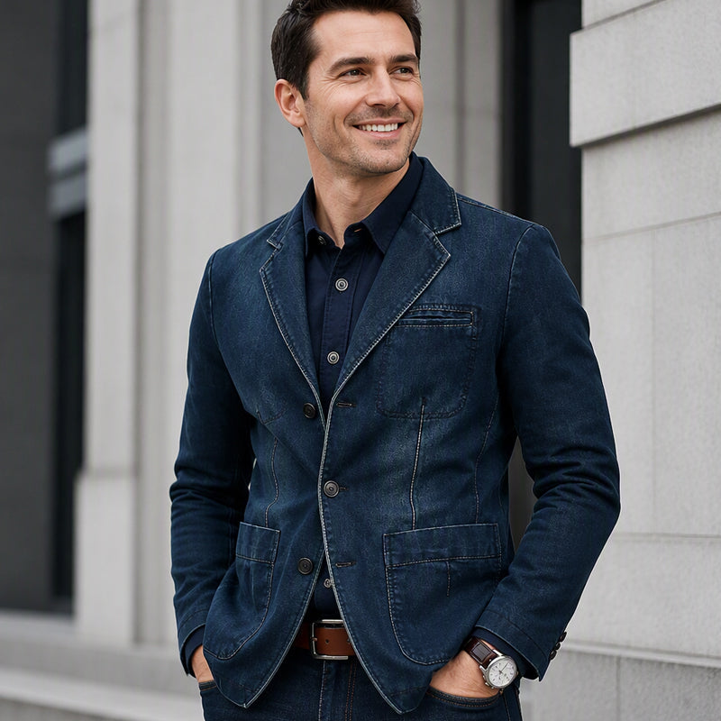 👔 Denim Meets Tailoring | Men’s Slim-Fit Structured Denim Blazer