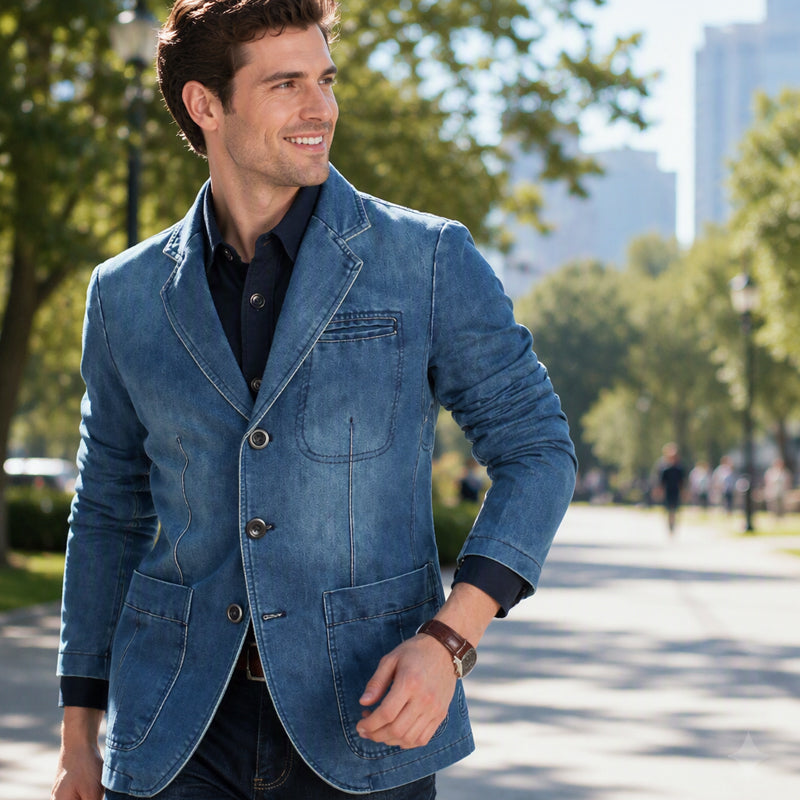 👔 Denim Meets Tailoring | Men’s Slim-Fit Structured Denim Blazer