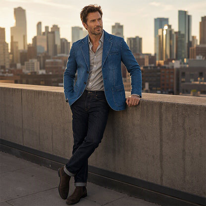 👔 Denim Meets Tailoring | Men’s Slim-Fit Structured Denim Blazer