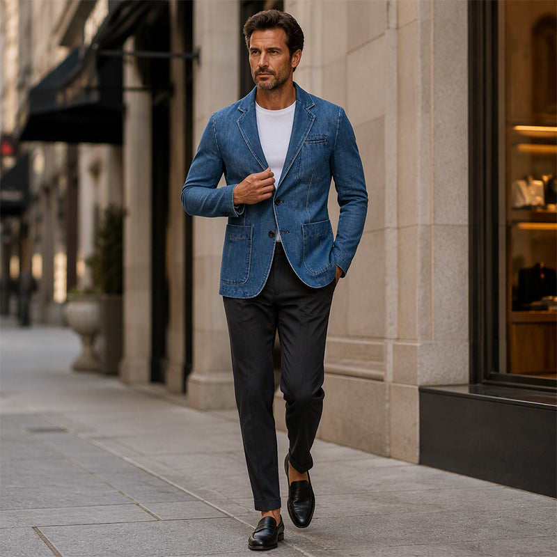 👔 Denim Meets Tailoring | Men’s Slim-Fit Structured Denim Blazer