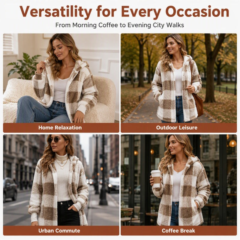 ✨ Cozy Plaid Character | Women’s Oversized Plaid Hooded Plush Cardigan