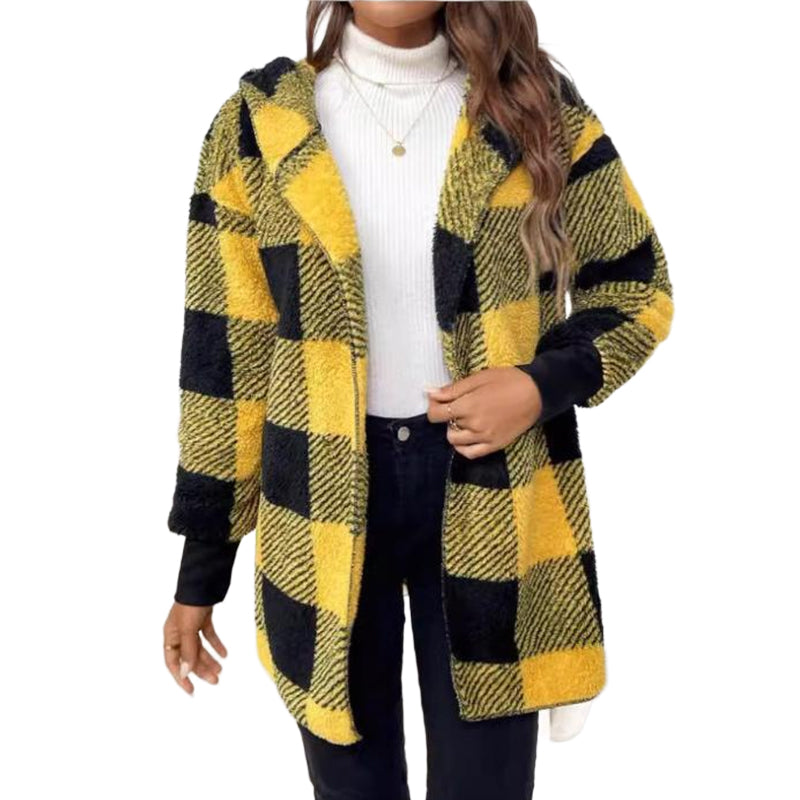 ✨ Cozy Plaid Character | Women’s Oversized Plaid Hooded Plush Cardigan