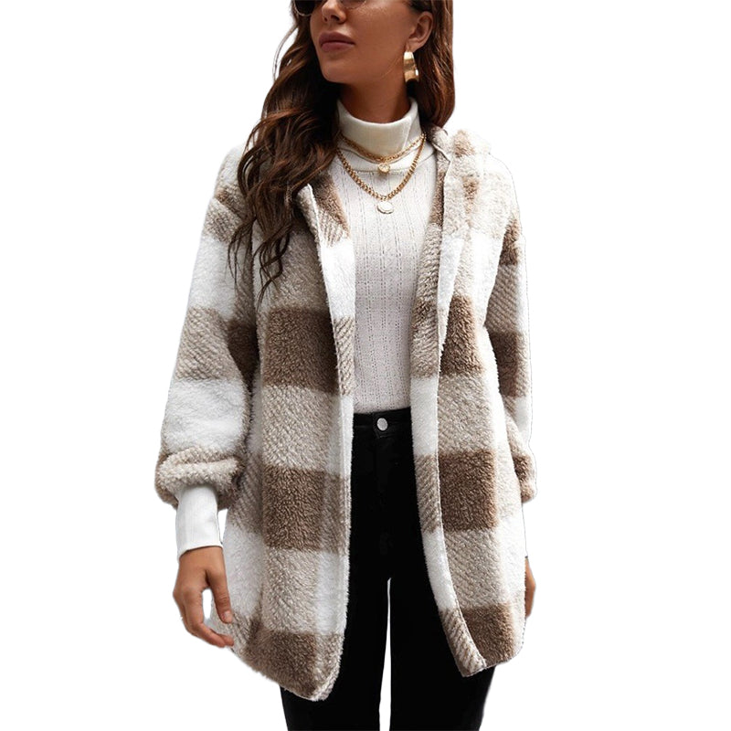 ✨ Cozy Plaid Character | Women’s Oversized Plaid Hooded Plush Cardigan
