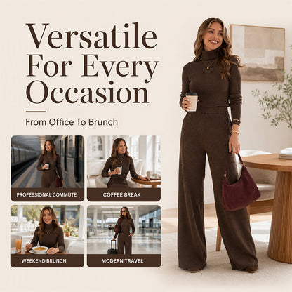 ✨ Cozy Coordination | Women’s Turtleneck Knit Top & Wide-Leg Pants 2-Piece Set
