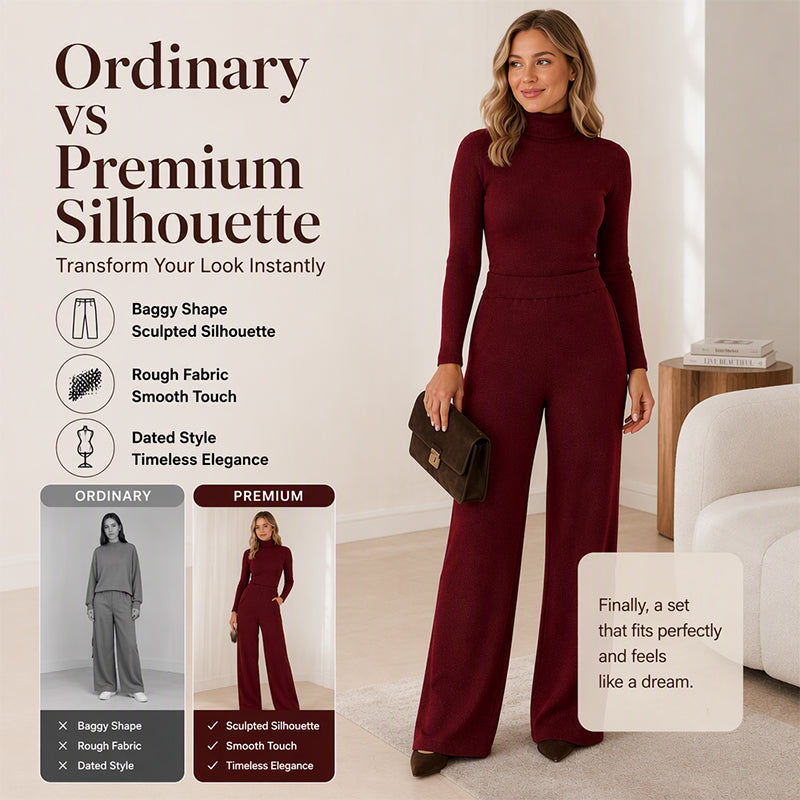 ✨ Cozy Coordination | Women’s Turtleneck Knit Top & Wide-Leg Pants 2-Piece Set