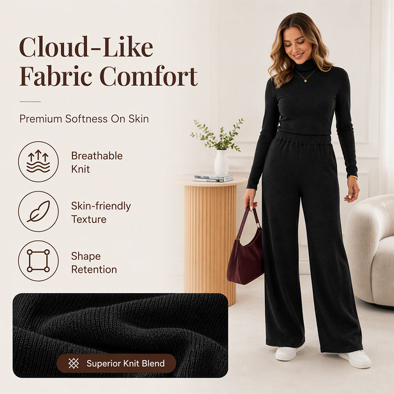 ✨ Cozy Coordination | Women’s Turtleneck Knit Top & Wide-Leg Pants 2-Piece Set