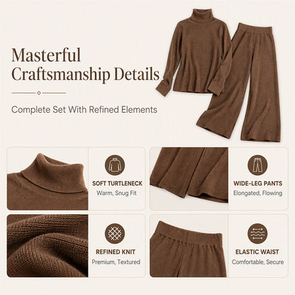 ✨ Cozy Coordination | Women’s Turtleneck Knit Top & Wide-Leg Pants 2-Piece Set