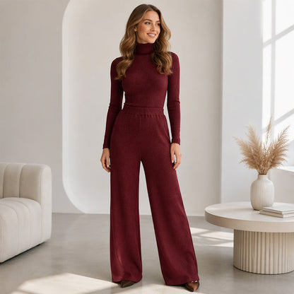 ✨ Cozy Coordination | Women’s Turtleneck Knit Top & Wide-Leg Pants 2-Piece Set