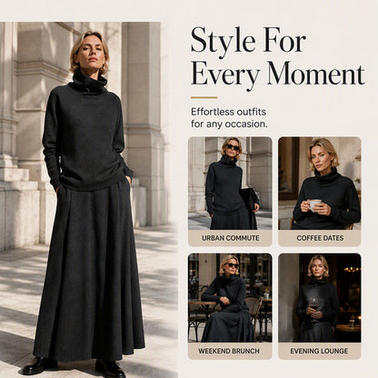 ✨ Effortless Coordination | Women’s Turtleneck Top & Maxi Skirt 2-Piece Se