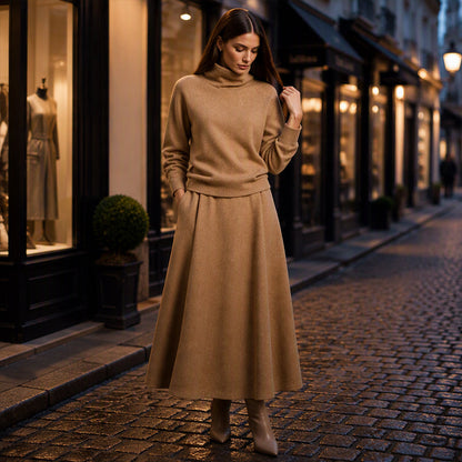 ✨ Effortless Coordination | Women’s Turtleneck Top & Maxi Skirt 2-Piece Se