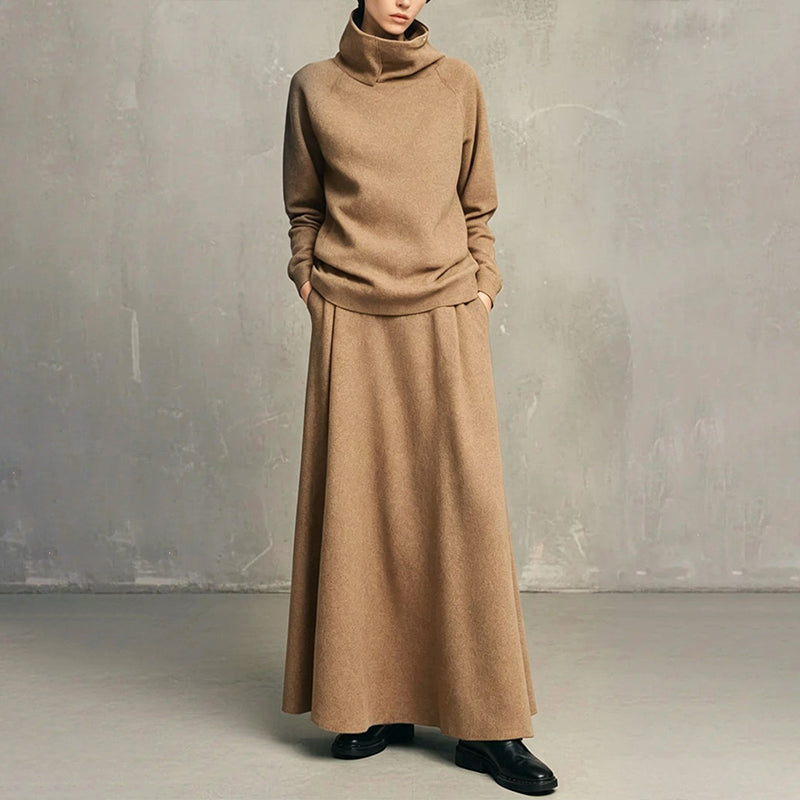 ✨ Effortless Coordination | Women’s Turtleneck Top & Maxi Skirt 2-Piece Se