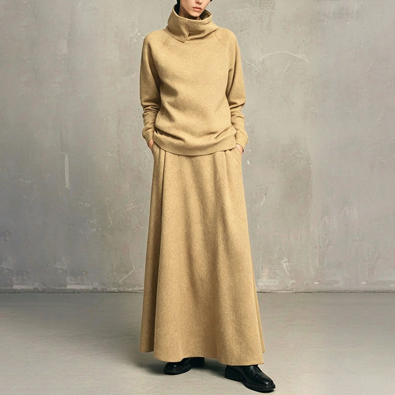 ✨ Effortless Coordination | Women’s Turtleneck Top & Maxi Skirt 2-Piece Se
