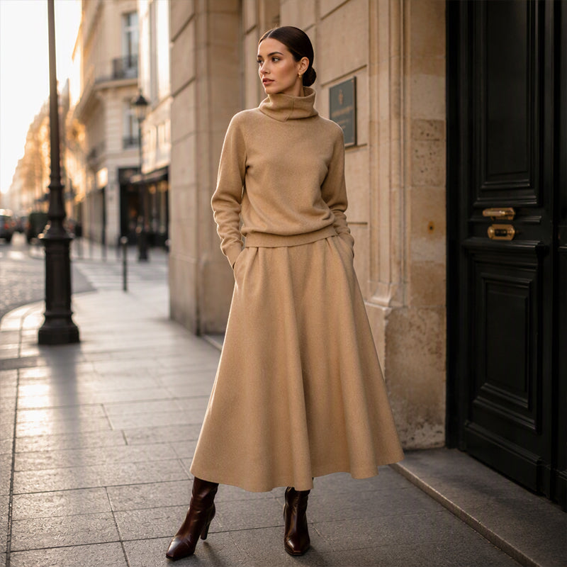 ✨ Effortless Coordination | Women’s Turtleneck Top & Maxi Skirt 2-Piece Se