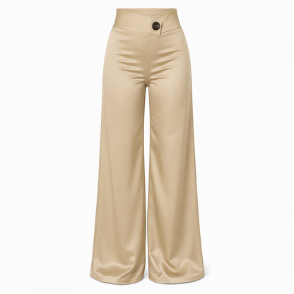 Elegant Satin High Waisted Wide Leg Pants with Asymmetrical Waist