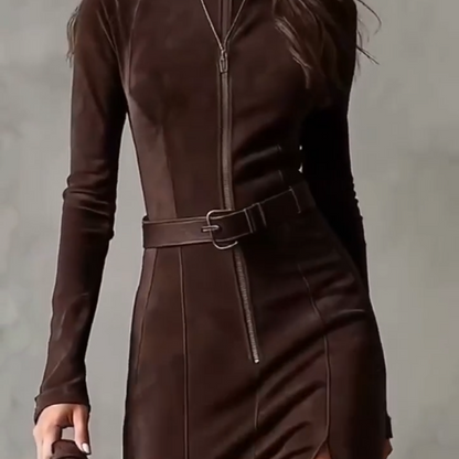 Long Sleeve Faux Suede Zipper Maxi Dress
