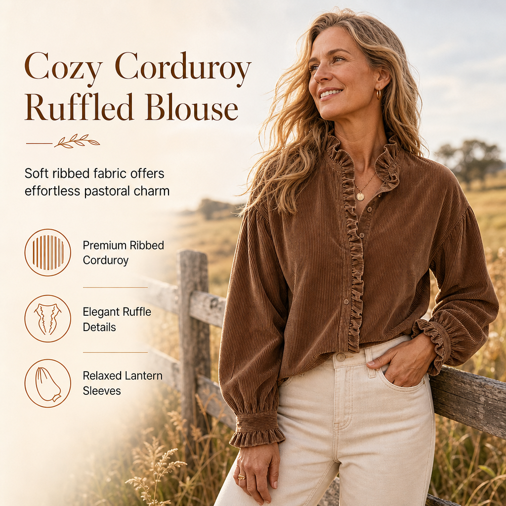 ✨ Vintage Feminine Detail | Women’s Corduroy Ruffle-Collar Blouse with Lantern Sleeves