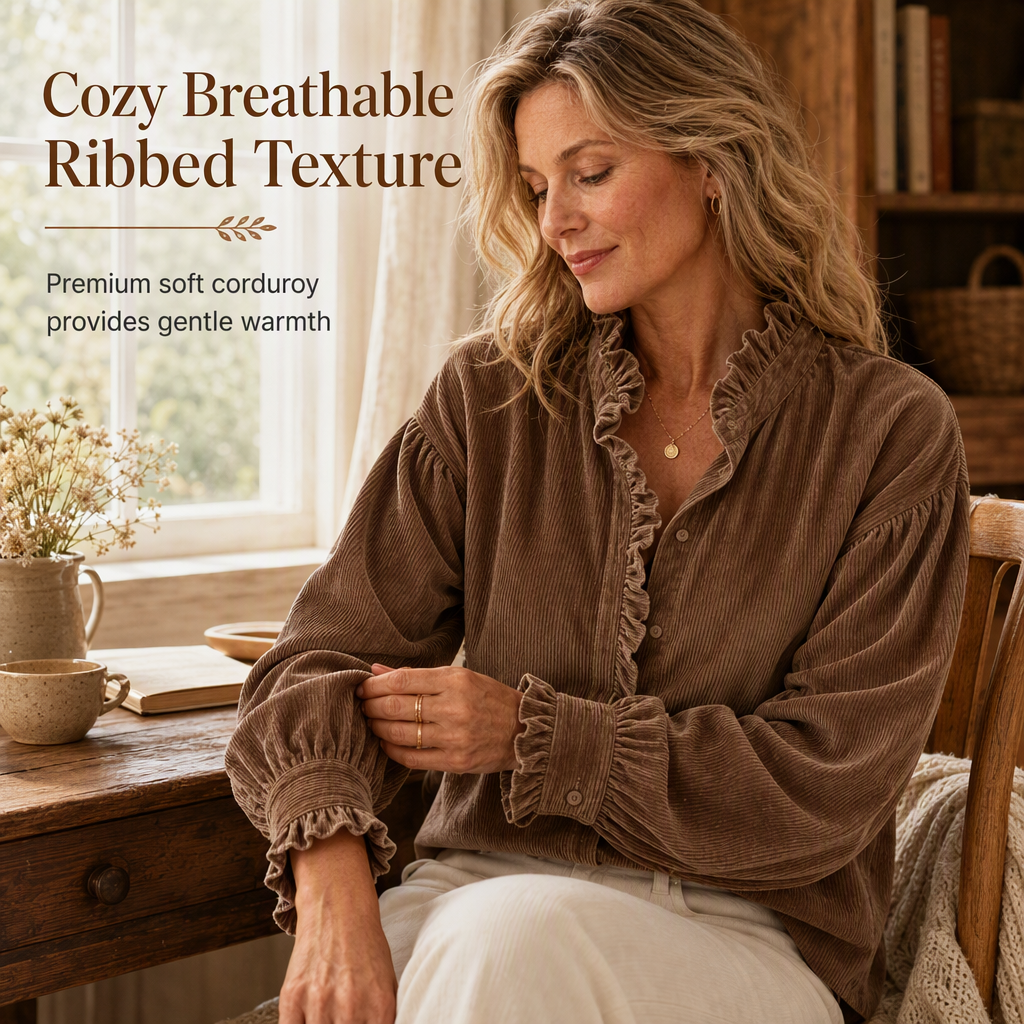 ✨ Vintage Feminine Detail | Women’s Corduroy Ruffle-Collar Blouse with Lantern Sleeves