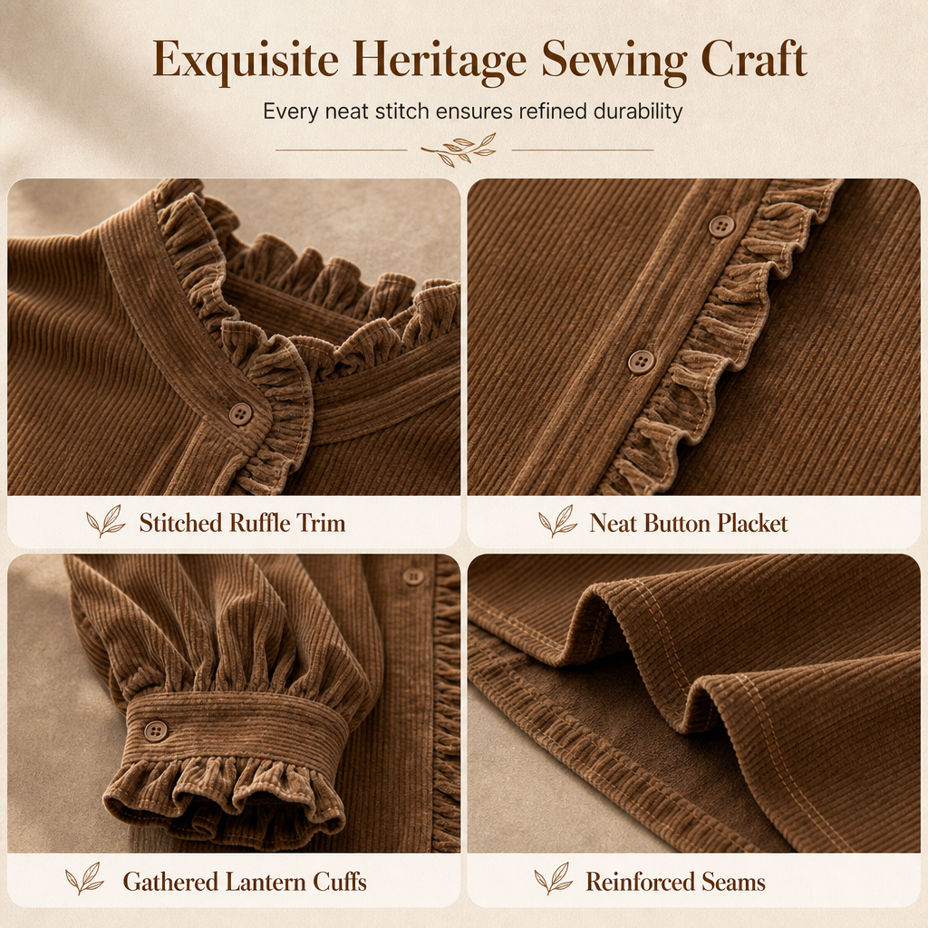 ✨ Vintage Feminine Detail | Women’s Corduroy Ruffle-Collar Blouse with Lantern Sleeves